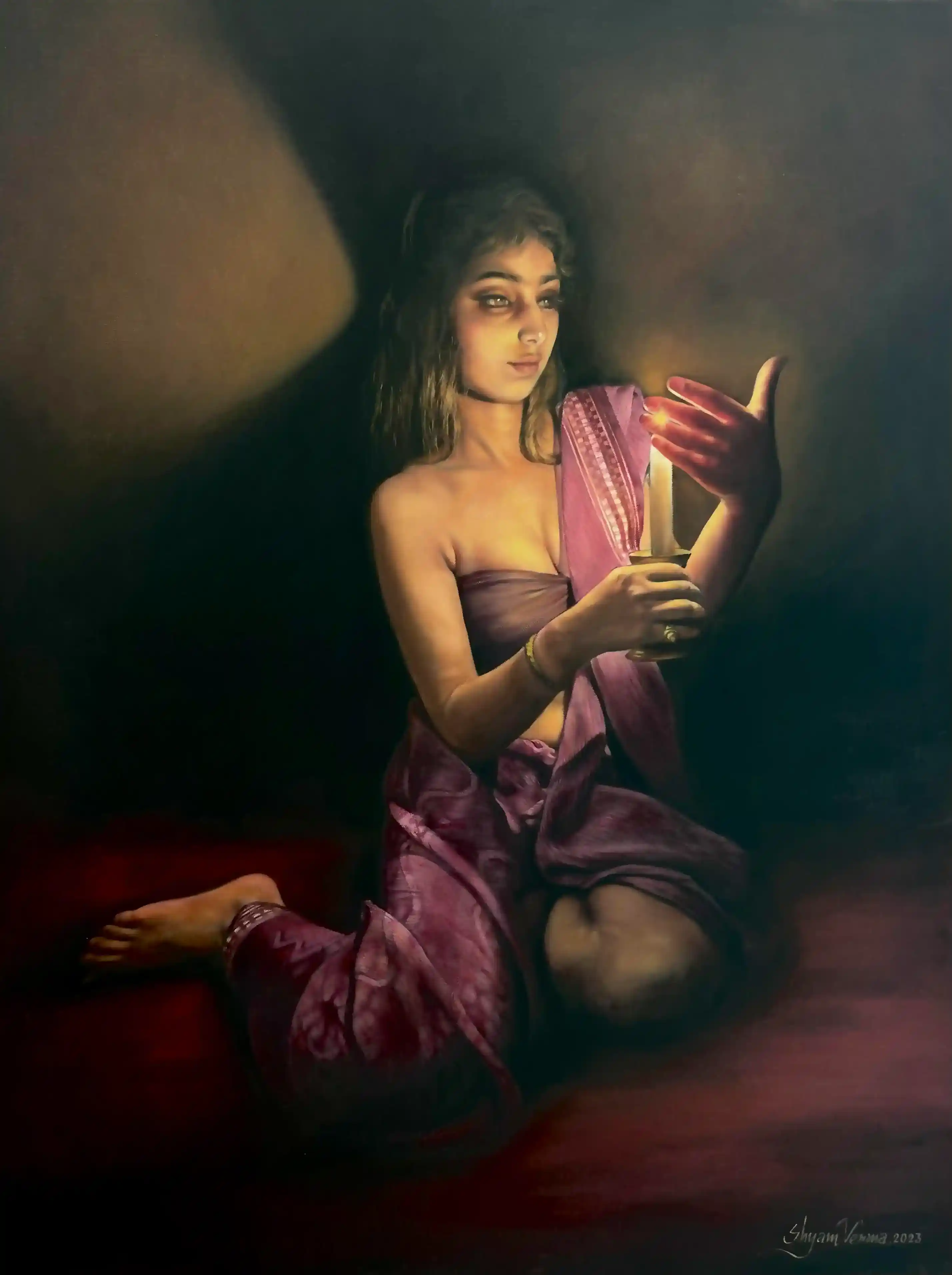 Beauty with Lamp, Oil painting, Realistic, Home decor, Wall decor, Artwork, Handpainted, Art, Painting, VistaPallette